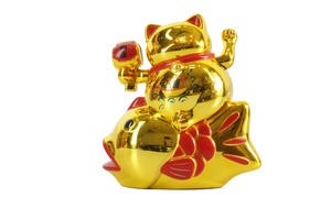 Patung Kucing Ikan Maneki Neko 11 Cm Emas Merah Beruntung Lucky Cat