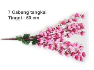 Bunga Imlek Meihwa Sakura Pink 7 Tangkai Rangkai Daun Pot Plastik Murah
