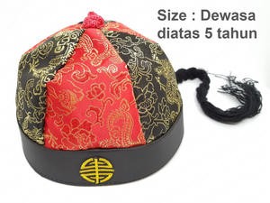 Topi Imlek Merah Hitam Dewasa Cheongsam Naga Ekor Rambut CNY Cina