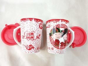 Gelas Shuang Xi Couple Putih Merah Wedding Mug Sangjit Perkawinan Seserahan