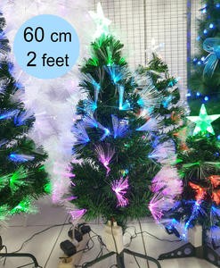Pohon Natal 60 Cm Lampu 7 Warna LED Remote 2 Feet Fiber Top Bintang Hijau Biru Merah Kuning Ungu