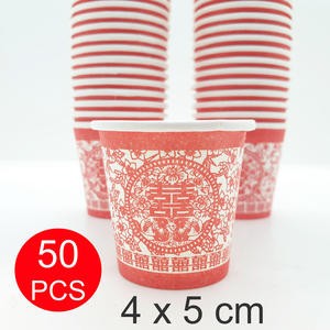 Gelas Cup Kertas Tea Pai Isi 50 PC Wedding Tepai Shuang Xi Bunga 5 Cm Merah Perkawinan