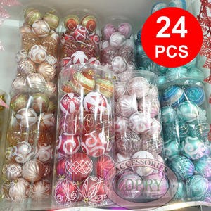 Gantungan Bola Pohon Natal 8 Cm Isi 24 Pcs Rose Gold Merah Pink Biru Muda Glitter