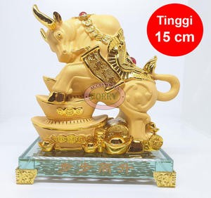 Patung Imlek Kerbau Uang Emas Gold Resin Kaca 15 Cm Pajangan Meja Dekorasi