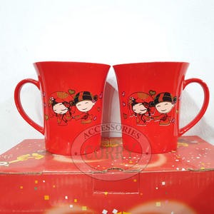 Gelas Shuang Xi Pengantin Couple Merah Emas Wedding Mug Sangjit Perkawinan Seserahan Keramik