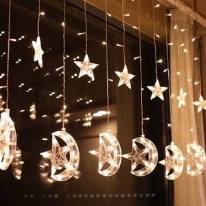 Lampu Tirai Gantung 12 Bulan Bintang 3 Meter Idul Fitri Lebaran Kuning Warm White Dekorasi Juntai