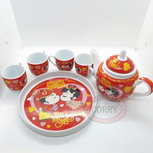 Teko Set Tea Pai Perkawinan Shuang Xi Merah Putih 4 Cangkir Teh Piring Wedding Shangjit