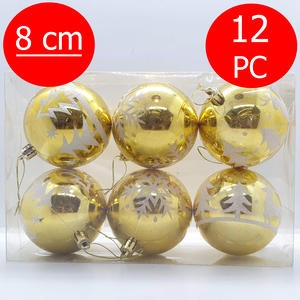 Bola Gantung Pohon Natal 8 Cm Isi 12 Pcs Emas Gold Glossy Mengkilap Glitter