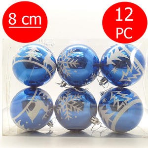 Bola Gantung Pohon Natal 8 Cm Isi 12 Pcs Biru Silver Glossy Mengkilap Glitter