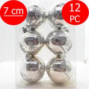 Bola Gantung Pohon Natal 7 Cm Isi 12 Pcs Silver Perak Glossy Mengkilap Glitter