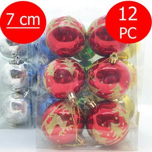 Bola Gantung Pohon Natal 7 Cm Isi 12 Pcs Merah Emas Gold Glossy Mengkilap Glitter