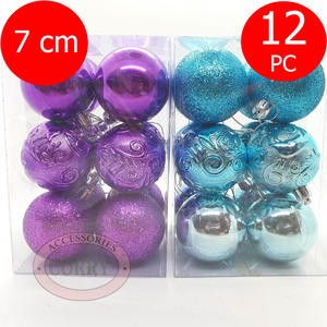 Bola Gantung Pohon Natal 7 Cm Isi 12 Pcs Silver Biru Ungu Merah Emas Gold Glossy Mengkilap Glitter