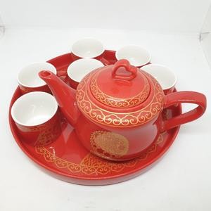 Teko Set Tea Pai Perkawinan Shuang Xi Merah Bunga 4 Cangkir Piring Wedding Shangjit