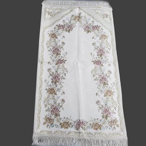 Sajadah Premium Turki Putih Krem 120 X 70 Cm Gerbang Bunga Tebal Lapis Bordir Premium Rug Pray Turky