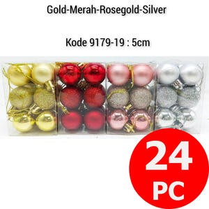 Bola Pohon Natal 5 Cm Isi 24 Pcs Emas Rose Gold Merah Pink Silver Glitter Kotak