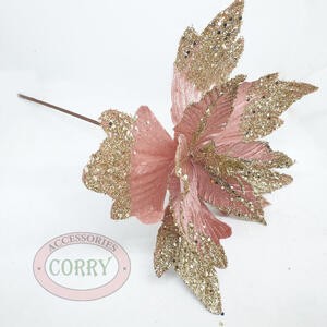 Bunga Tancap Pohon Natal Pink Emas Gold 25 Cm Dekorasi Christmas