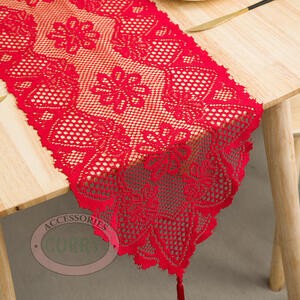 Taplak Meja Tengah Table Runner Lace Merah Panjang 180 Cm X 34 Cm Imlek