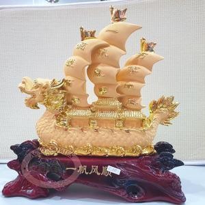 Patung Imlek Naga Kapal Layar Emas Gold Resin 42 Cm Pajangan Sincia Meja Dekorasi Kayu Coklat