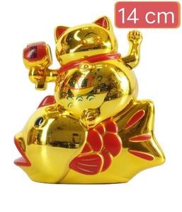 Patung Kucing Ikan Maneki Neko 14 Cm Emas Merah Beruntung Lucky Cat