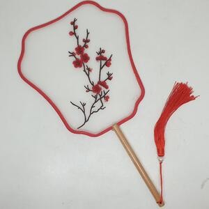 Kipas Sutra Bordir 30 Cm Imlek Hijau Biru Bunga Kayu Sincia Cina CNY
