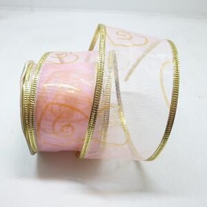 Pita Ribbon Pink Emas Muda Kawat Transparant Natal 5 Cm Hias Dekorasi Hampers 2.7m