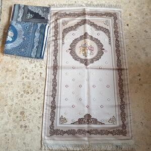 Sajadah Turki Premium Gerbang Bunga biru hitam krem coklat 120 X 70 Cm Lapis Bordir Rug Pray Turky