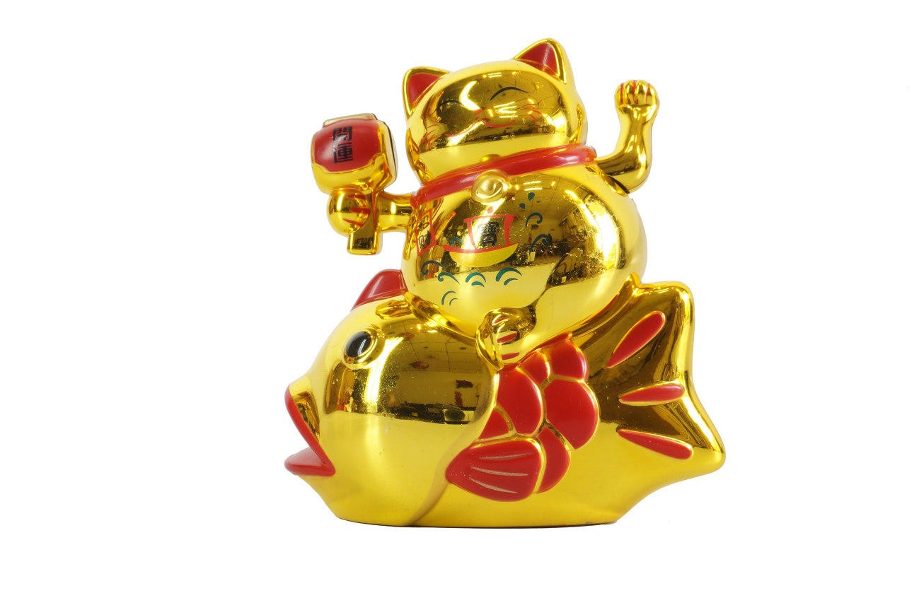 Patung Kucing Ikan Maneki Neko 11 Cm Emas Merah Beruntung Lucky Cat - Main view