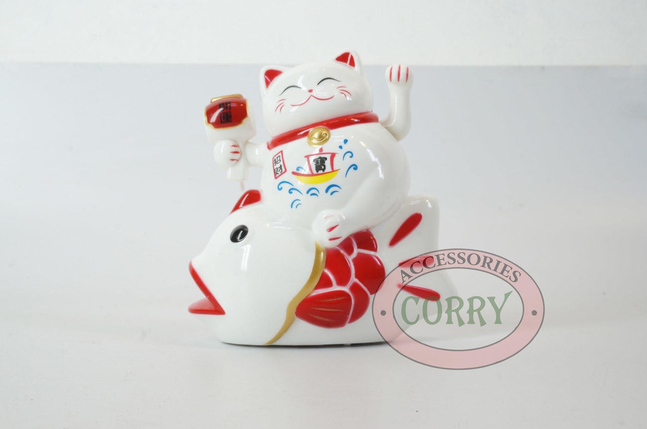 Patung Kucing Ikan Maneki Neko 18 Cm Putih Merah Beruntung Lucky Cat - Main view