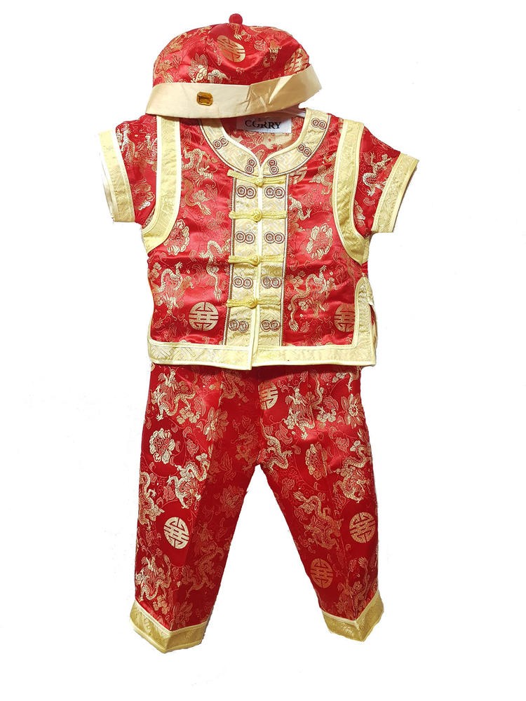 Setelan Baju Celana Topi Imlek Cheongsam Anak Laki Merah Emas Naga - Main view