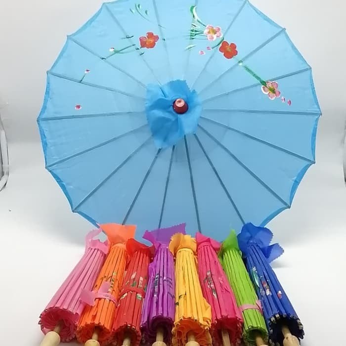 Payung Kain Sutera Merah Bunga Bambu Imlek Diameter 85 Cm Biru Hijau Kuning Pink - Main view