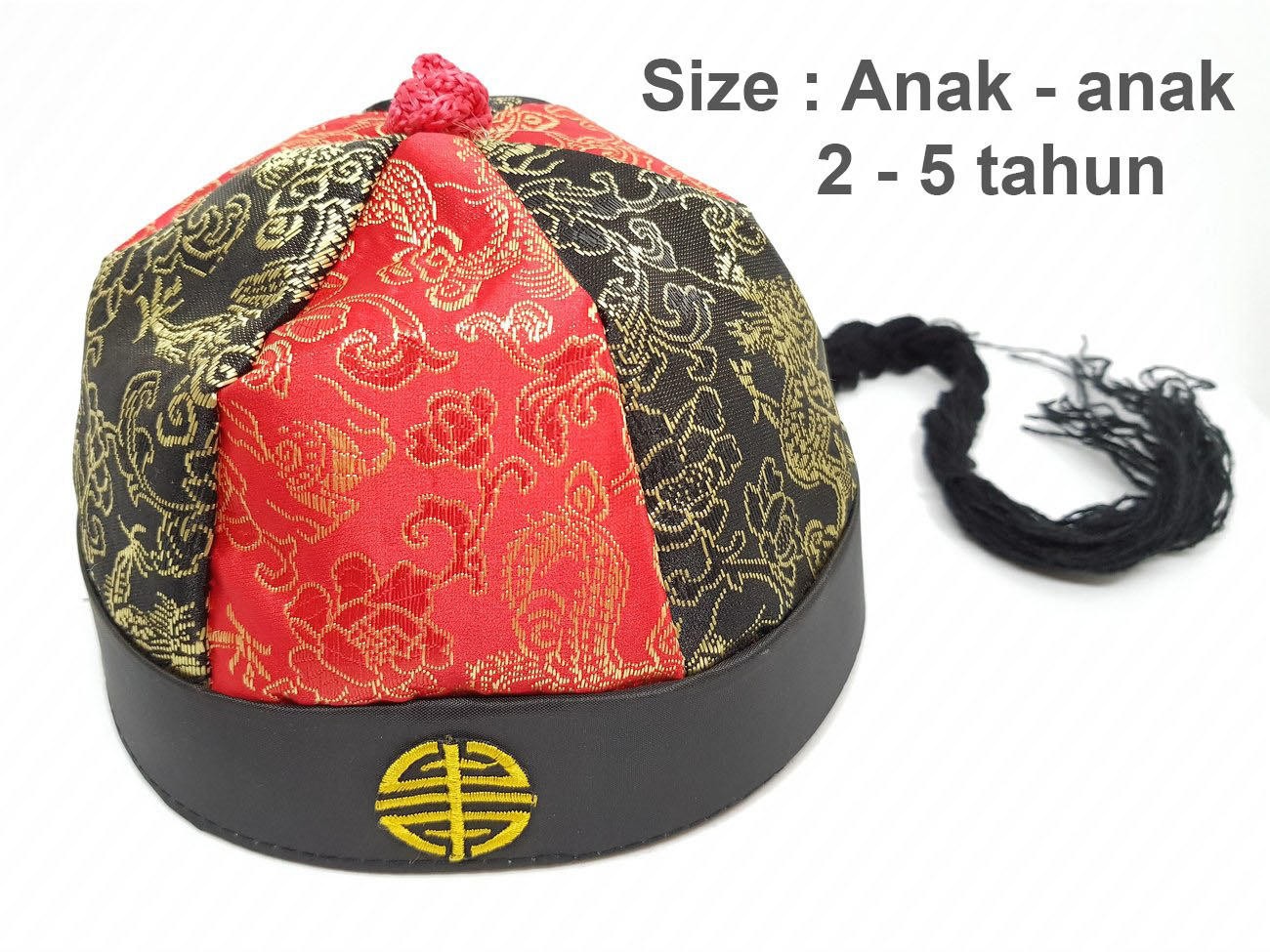 Topi Anak Imlek Sincia Cheongsam Ekor Rambut Merah Hitam Fu 2 3 4 5 Tahun - Main view