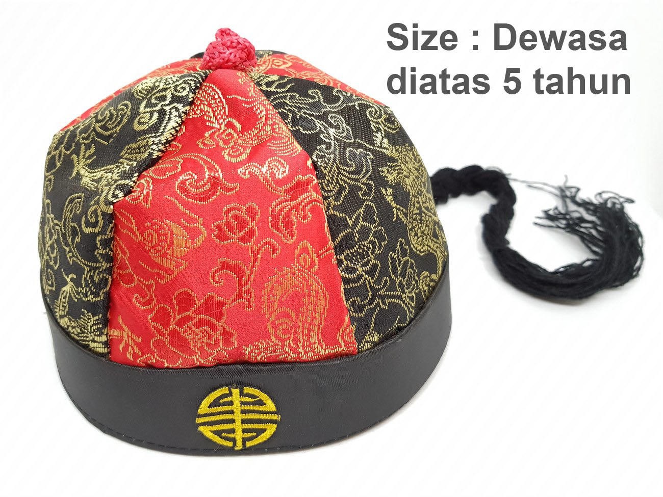 Topi Imlek Merah Hitam Dewasa Cheongsam Naga Ekor Rambut CNY Cina - Main view