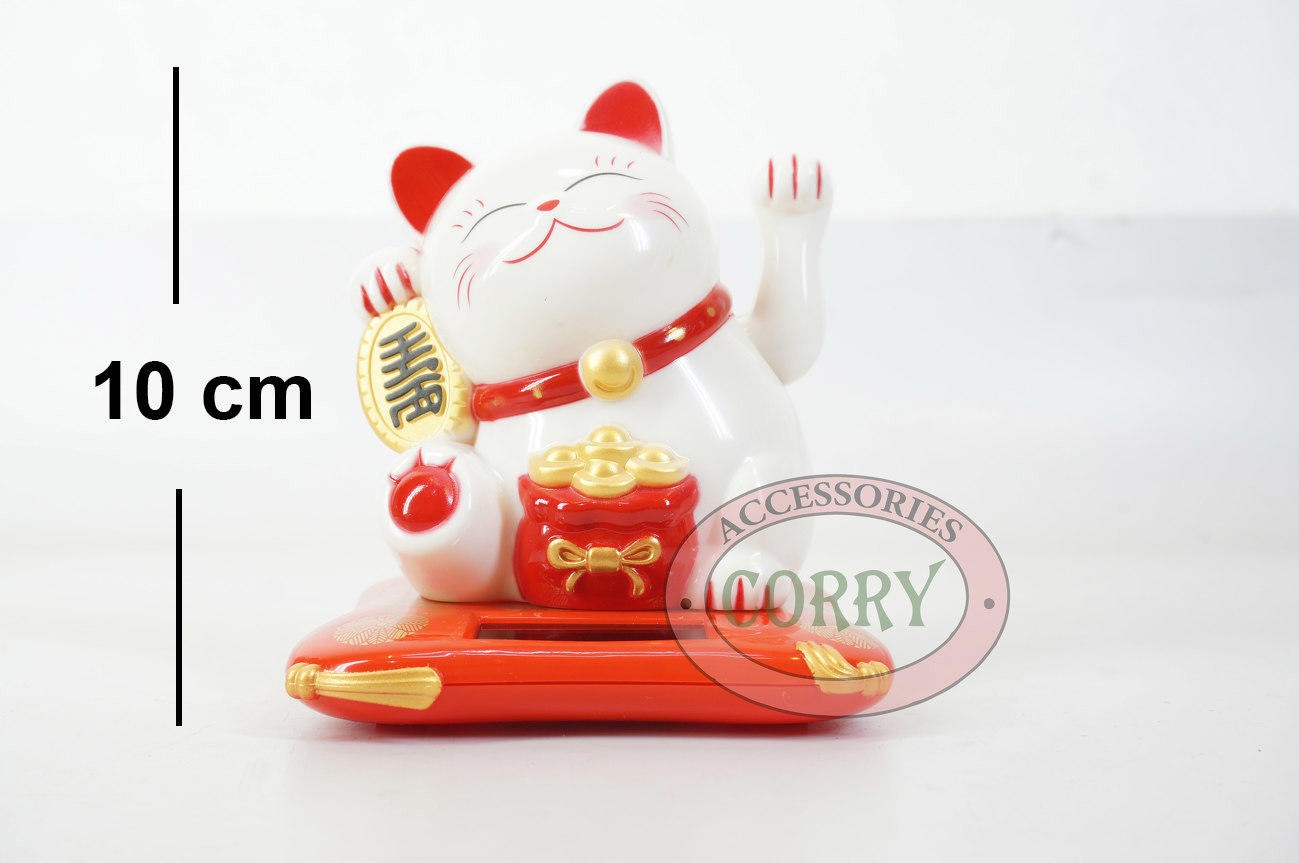 Patung Kucing Fu Maneki Neko 10 Cm Putih Solar Merah Beruntung Lucky Hoki Lai - Main view