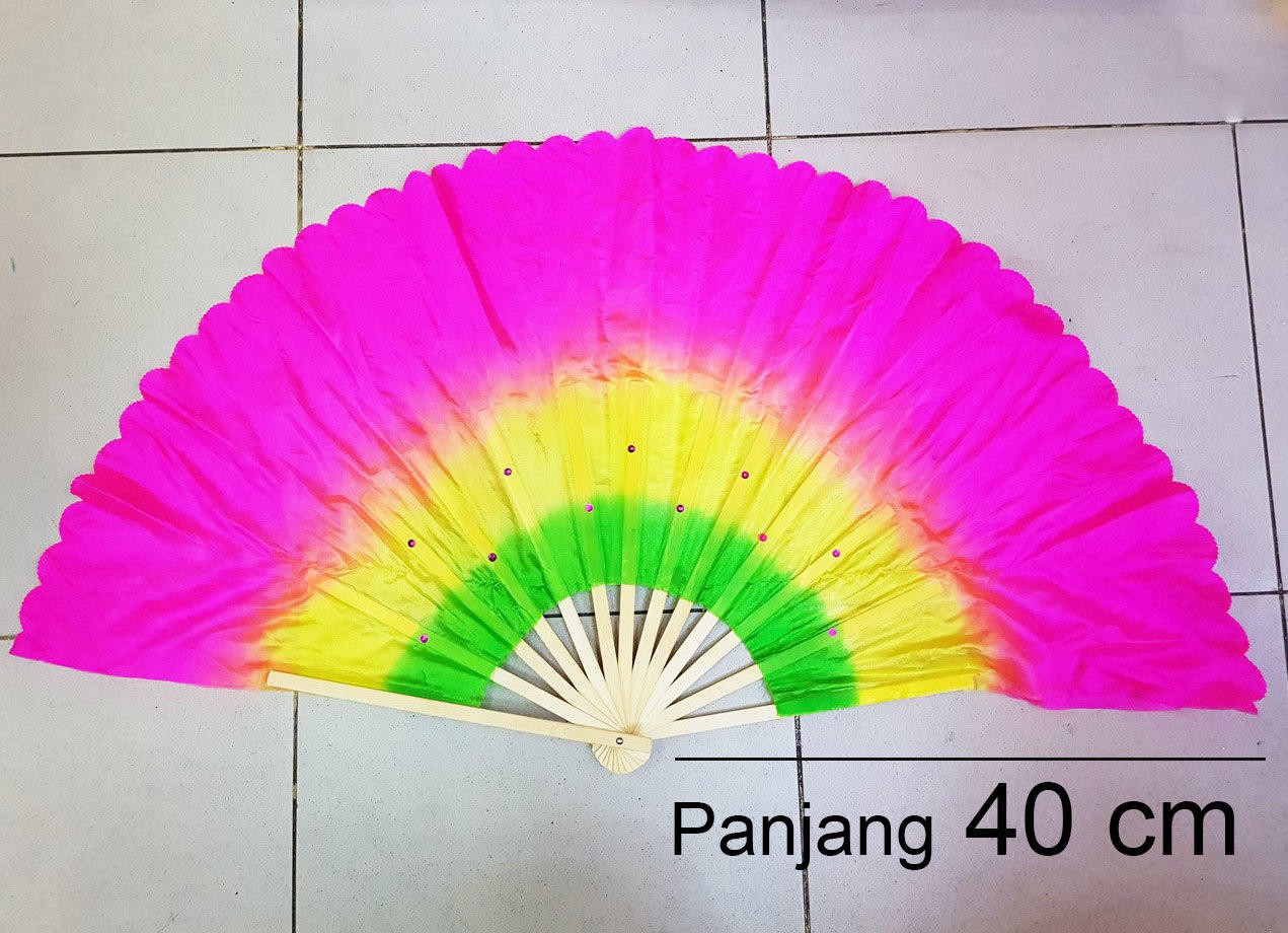Kipas Kain Kayu Pink Hijau Kuning Menari Pentas Seni Tari Melambai 40 Cm - Main view
