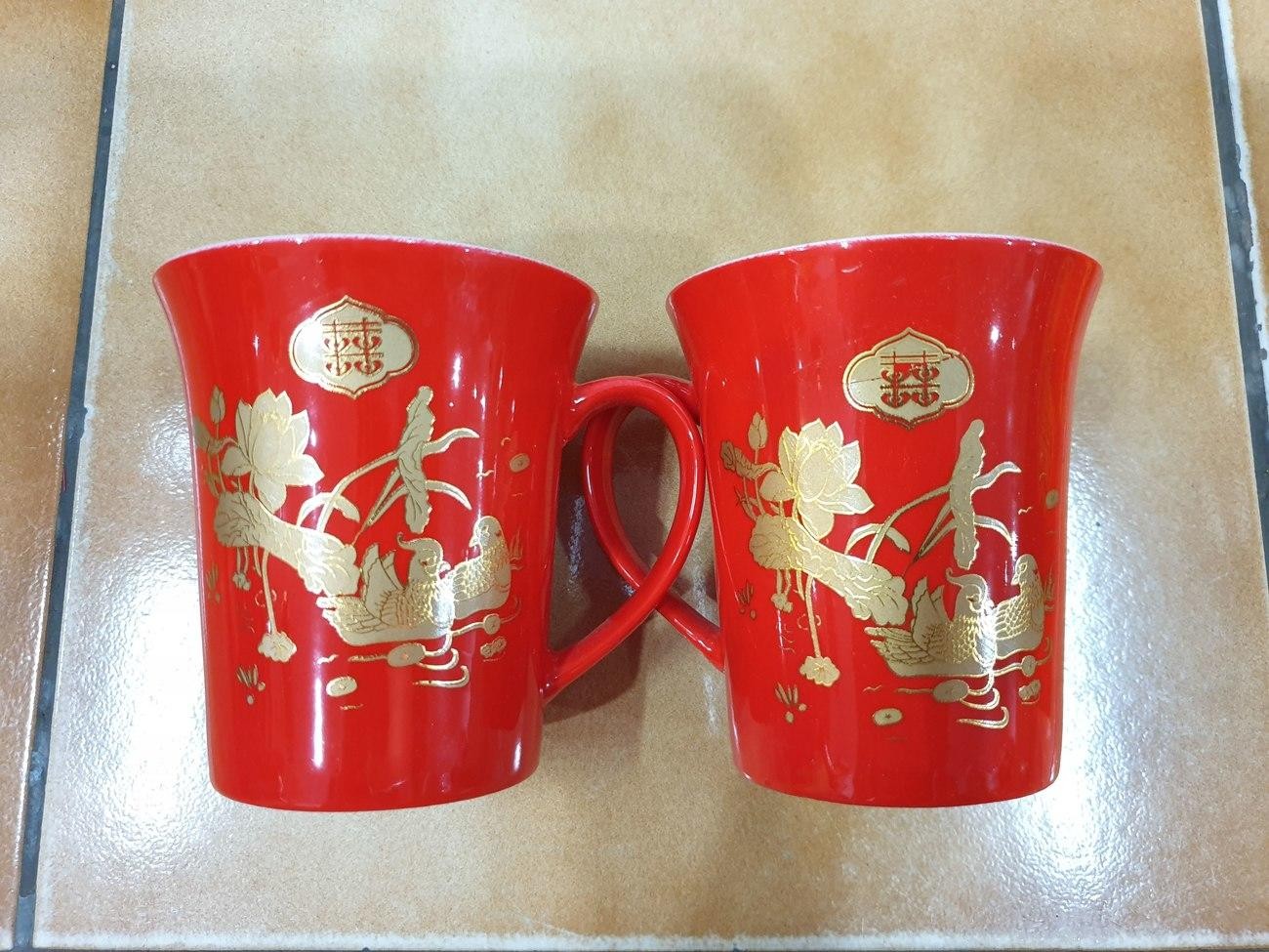 Gelas Shuang Xi Couple Merah Emas Wedding Mug Sangjit Perkawinan Seserahan Keramik - Main view