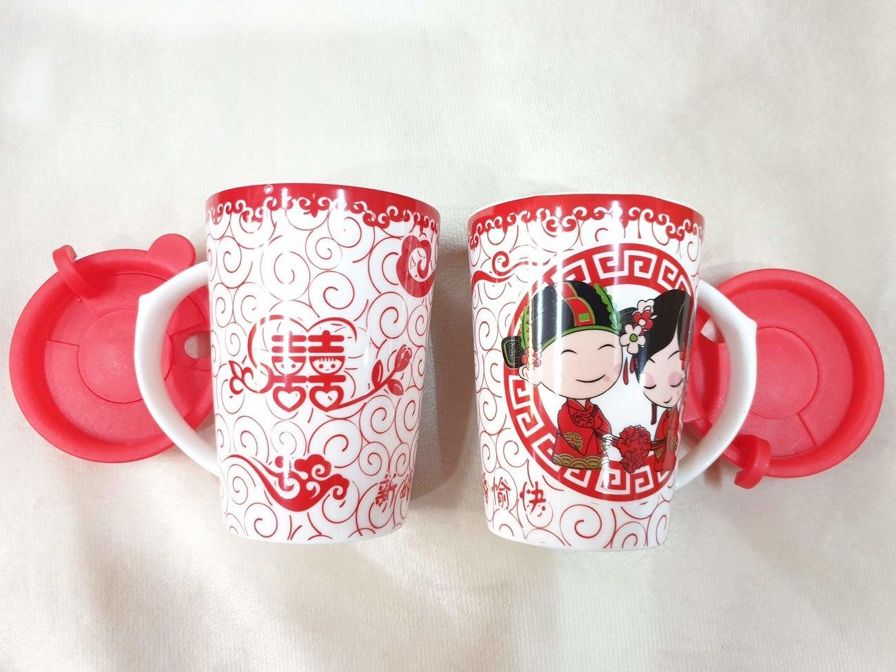 Gelas Shuang Xi Couple Putih Merah Wedding Mug Sangjit Perkawinan Seserahan - Main view