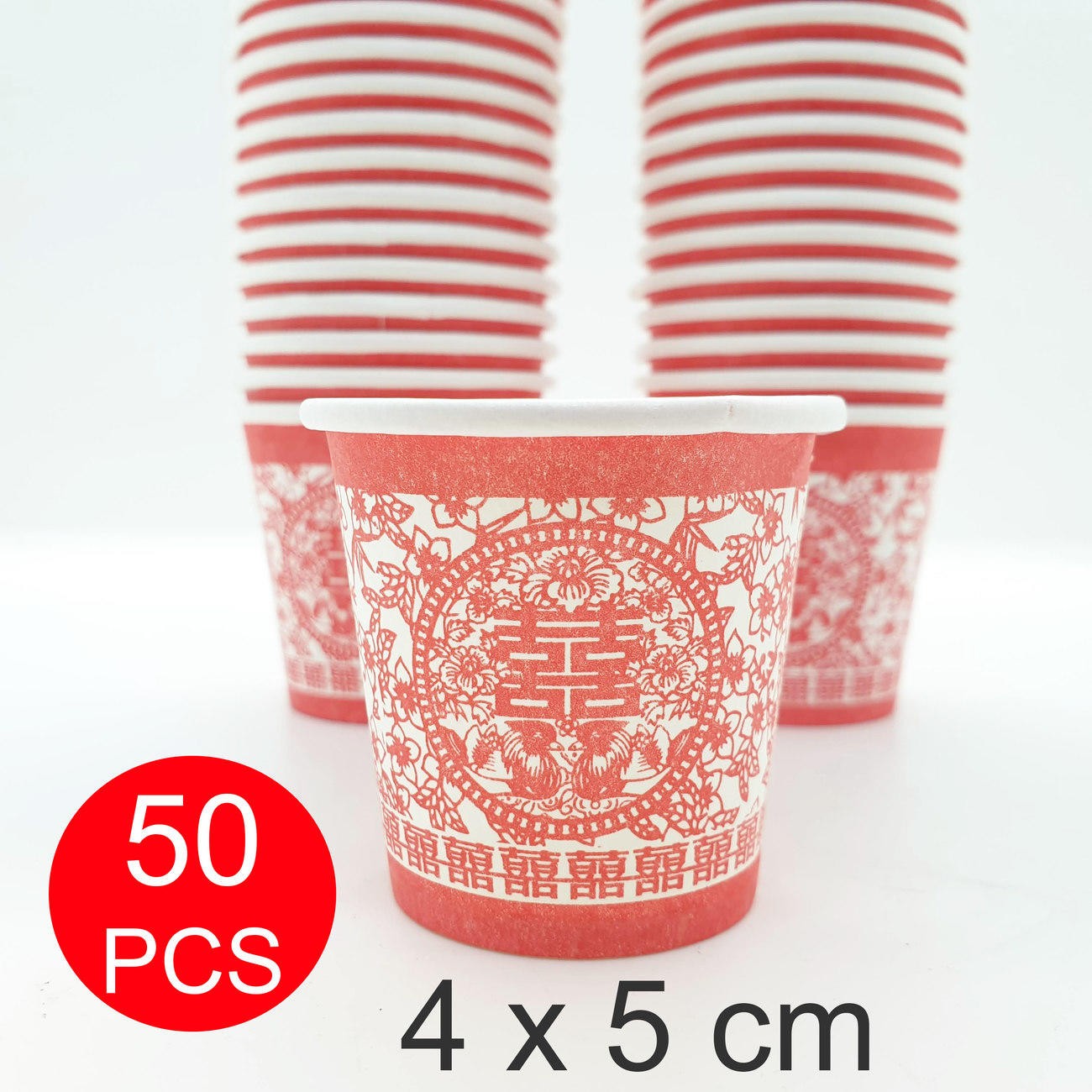 Gelas Cup Kertas Tea Pai Isi 50 PC Wedding Tepai Shuang Xi Bunga 5 Cm Merah Perkawinan - Main view