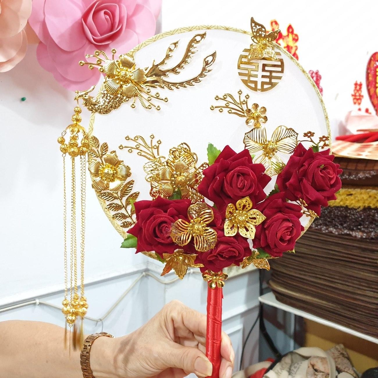 Kipas Shuang Xi Burung Emas Gold Kupu Bunga Merah Putih Prewedding Perkawinan Wedding - Main view