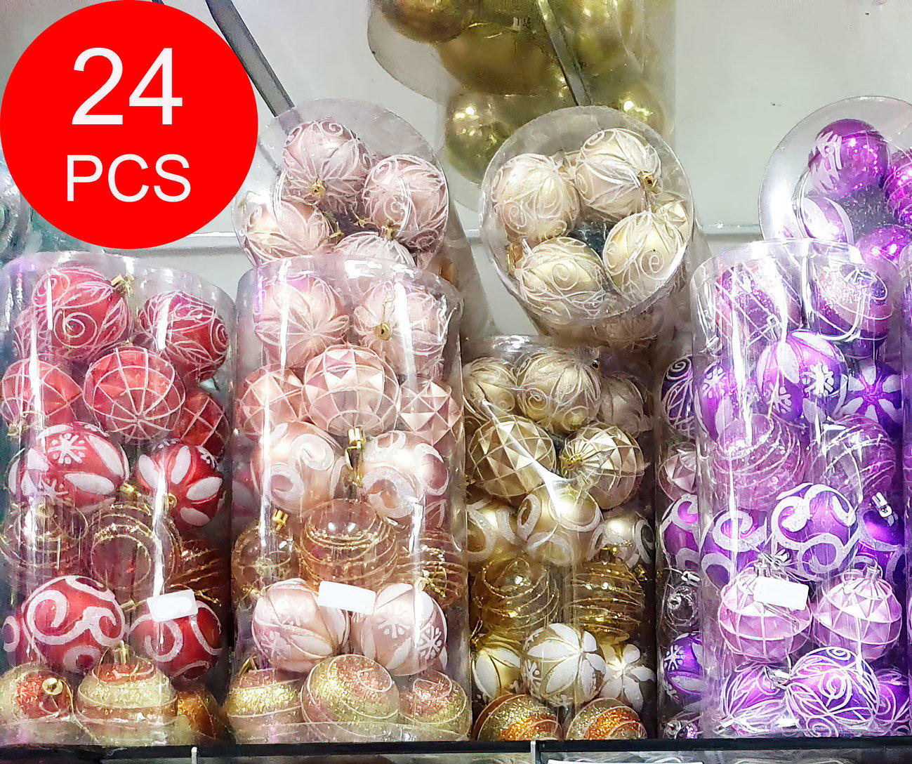 Hiasan Gantung Bola Pohon Natal 6 Cm Isi 24 Pcs Rose Gold Merah Ungu - Main view