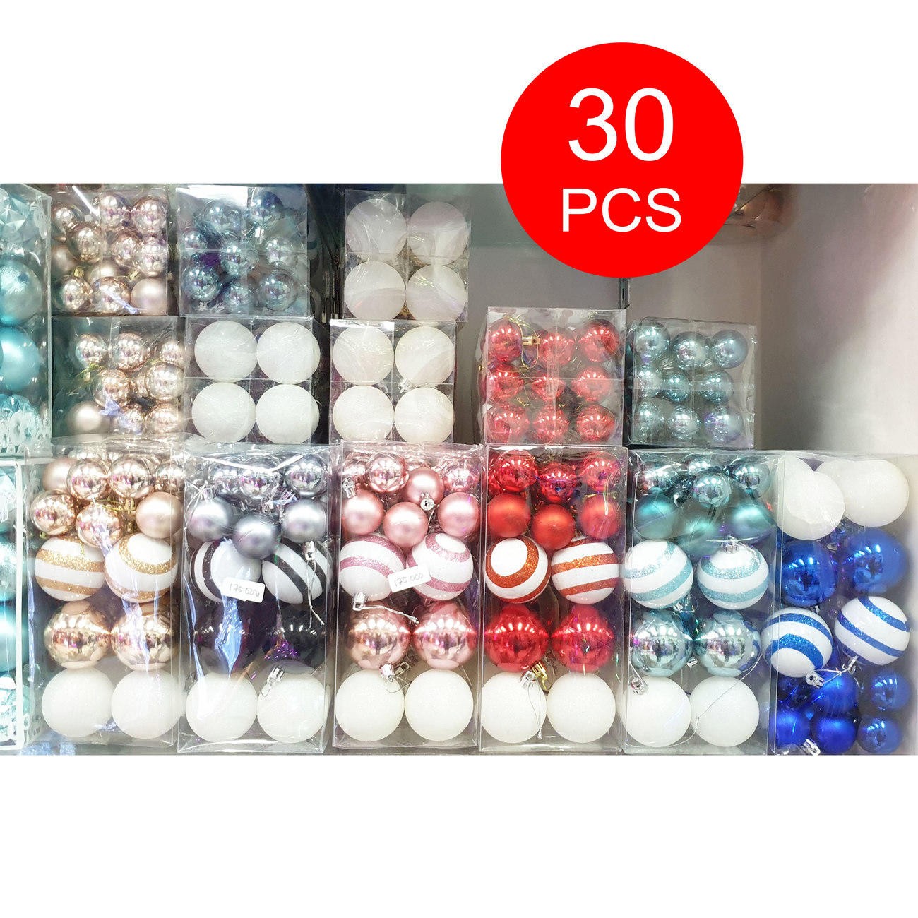 Hiasan Gantung Bola Pohon Natal 3 - 6 Cm Isi 30 Pcs Emas Silver Pink Merah Biru - Main view