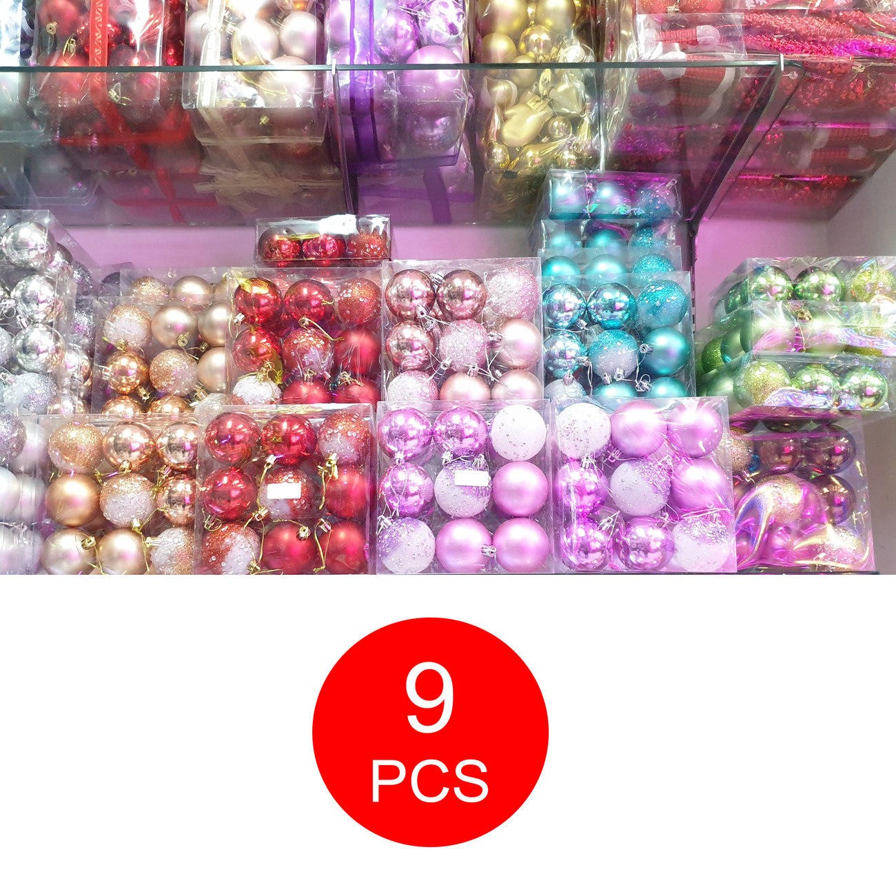 Hiasan Gantung Bola Pohon Natal 6 Cm Isi 9 Pcs Hijau Emas Rose Gold Silver Pink Biru - Main view