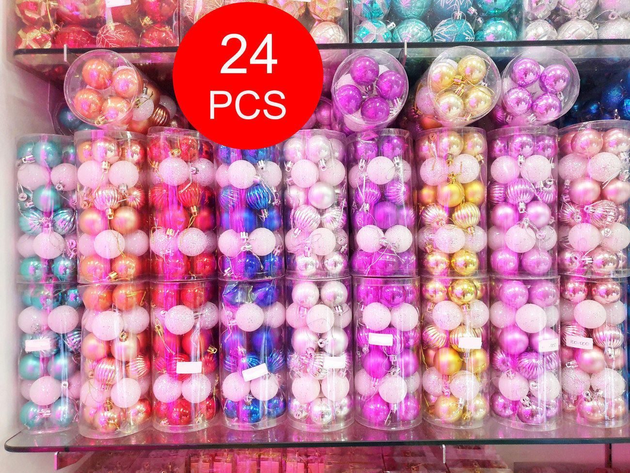 Hiasan Gantung Bola Pohon Natal 3.5 Cm Isi 24 Pcs Ungu Pink Rose Gold Biru Merah Murah Kecil - Main view