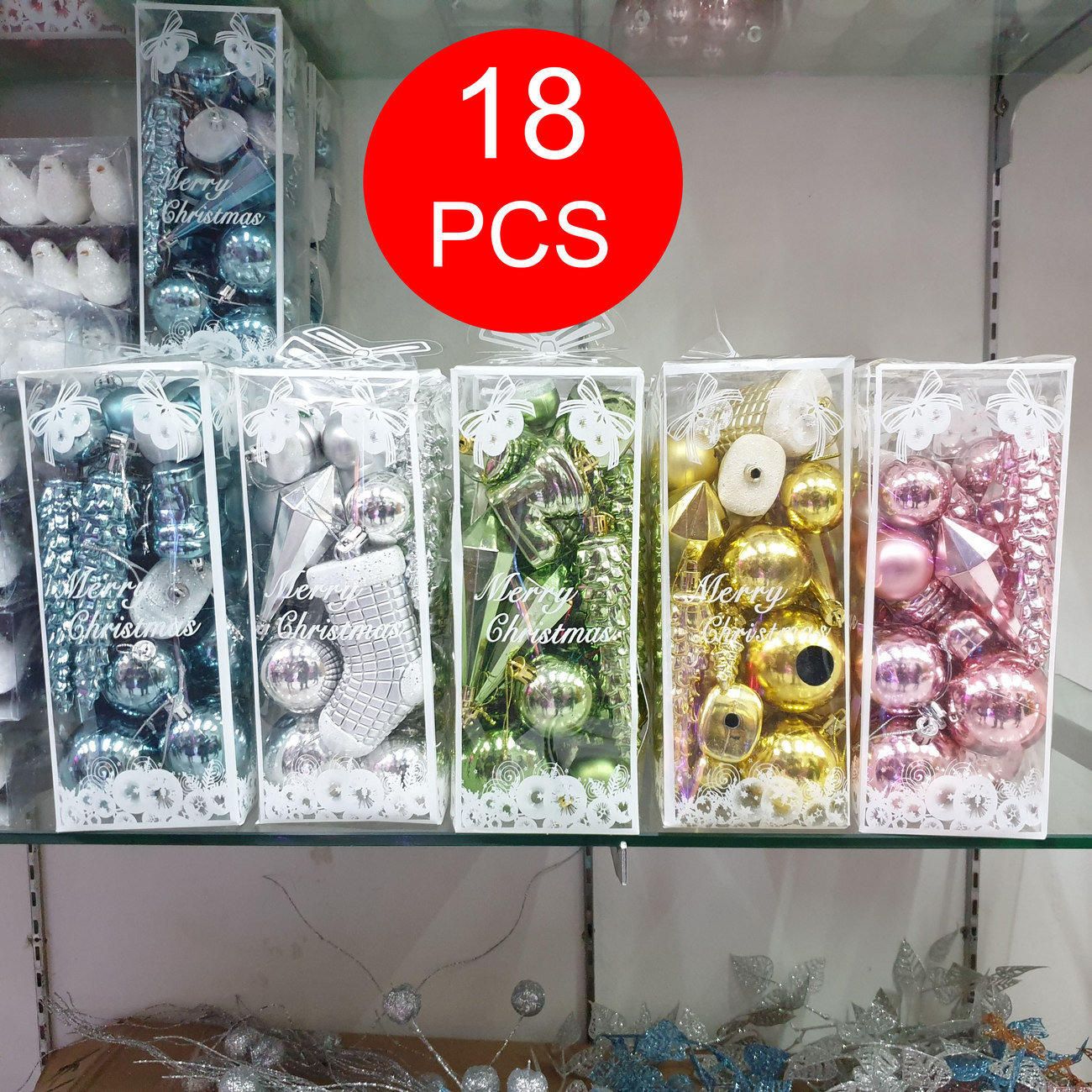 Gantung Bola Pohon Natal 3.5 - 7 Cm Isi 18 Pcs Biru Silver Hijau Emas Pink Kaos Kaki Pinus - Main view