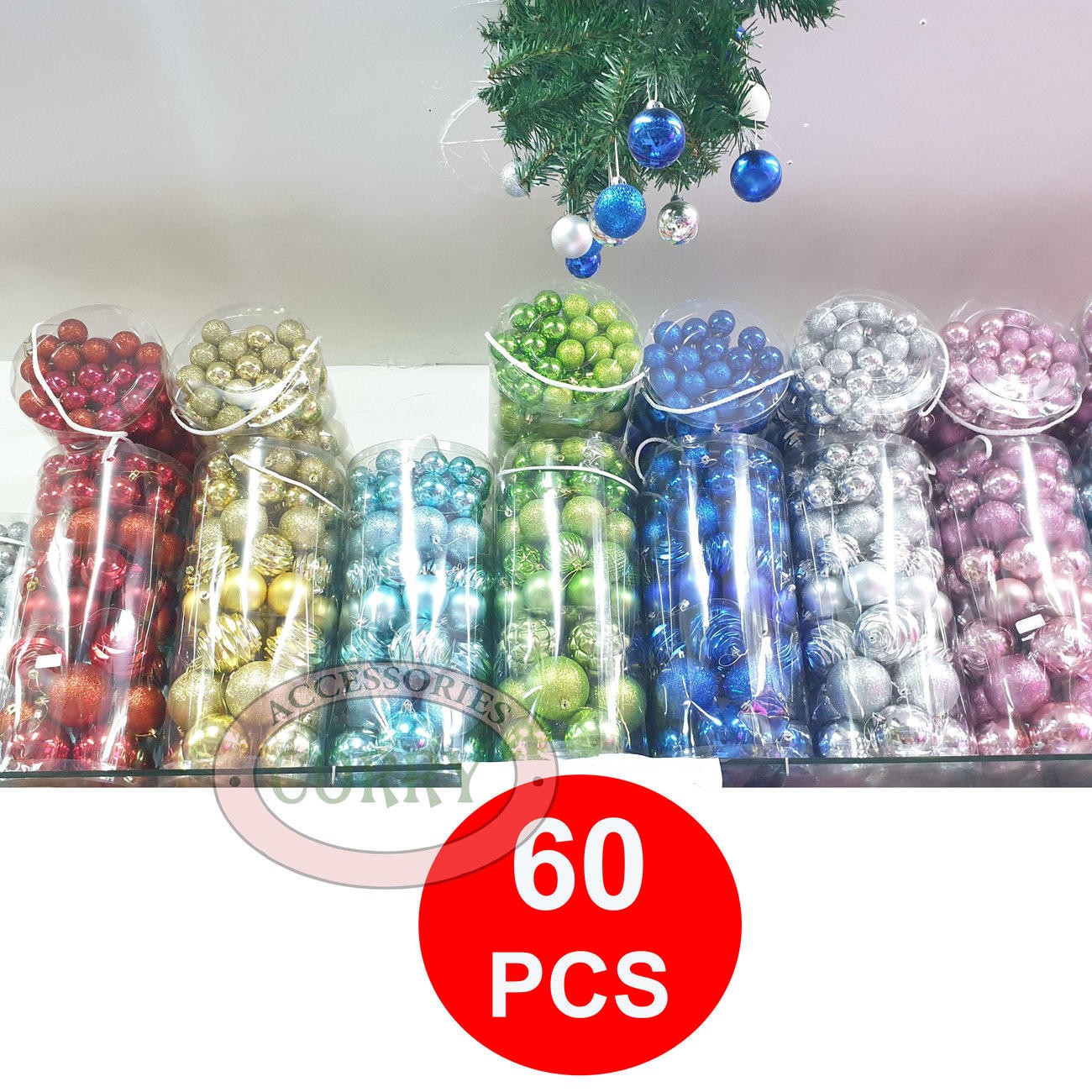 Gantung Bola Pohon Natal 4 5 6 8 Cm Isi 60 Pcs Merah Emas Biru Hijau Silver Pink Hiasan Besar - Main view