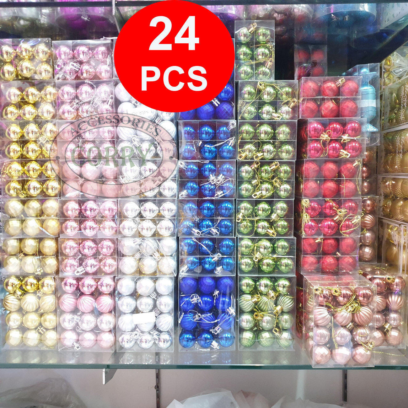 Gantung Bola Pohon Natal 3 Cm Isi 24 Pcs Emas Silver Rose Gold Biru Hijau Merah Pink - Main view