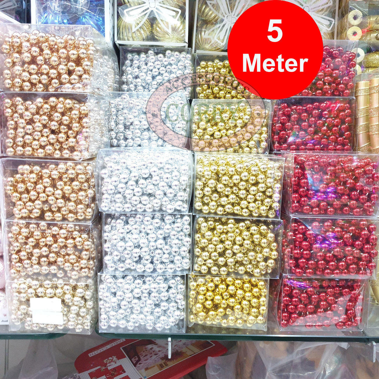 Rantai Bola Pohon Natal 1 Cm Panjang 5 Meter Rose Gold Silver Emas Merah Mengkilap Glossy - Main view