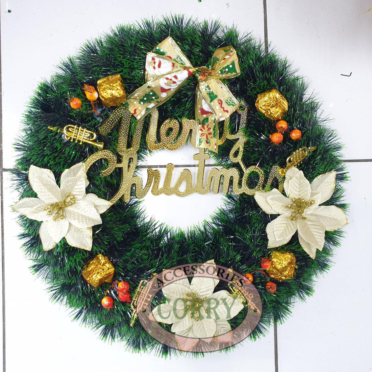 Lingkar Natal 50 Cm Rumput Hijau Emas Silver Biru Bunga Merry Christmas Besar - Main view