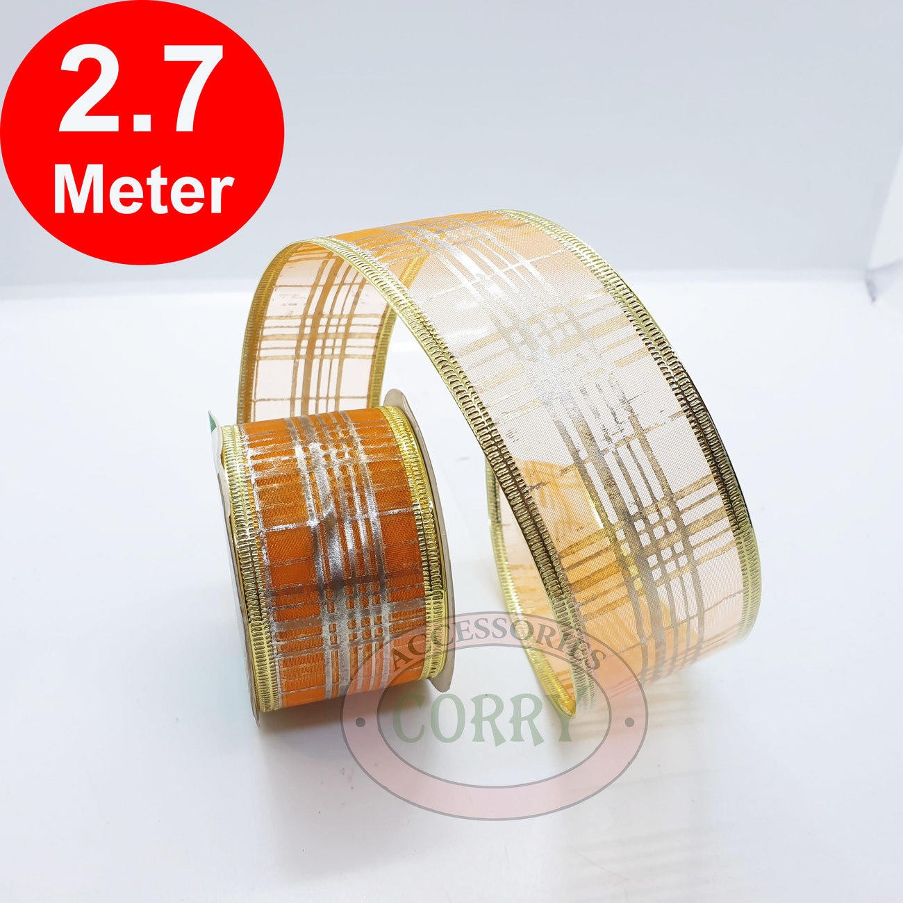 Ribbon Pita Hias Pohon Natal Lebaran Orange Emas 4 Cm 2.7 Meter Roll Parcel - Main view