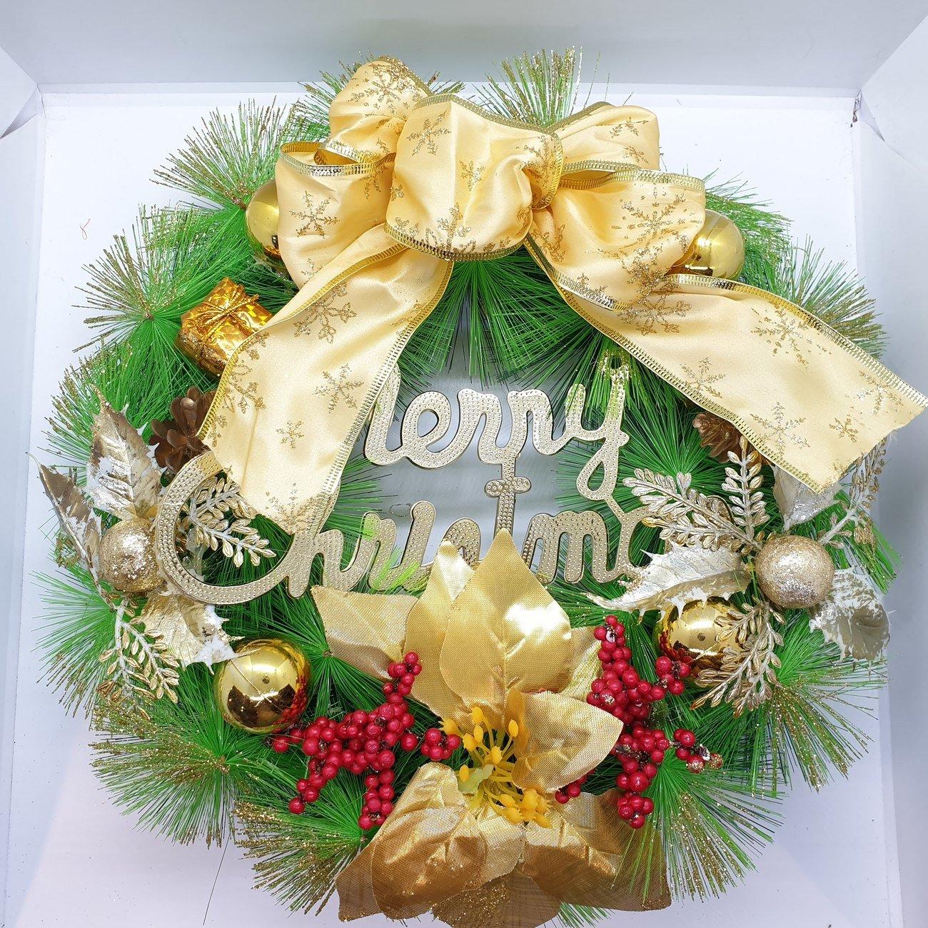 Lingkar Natal 40 Cm Rumput Hijau Emas Ungu Pita Bunga Merry Christmas Besar - Main view