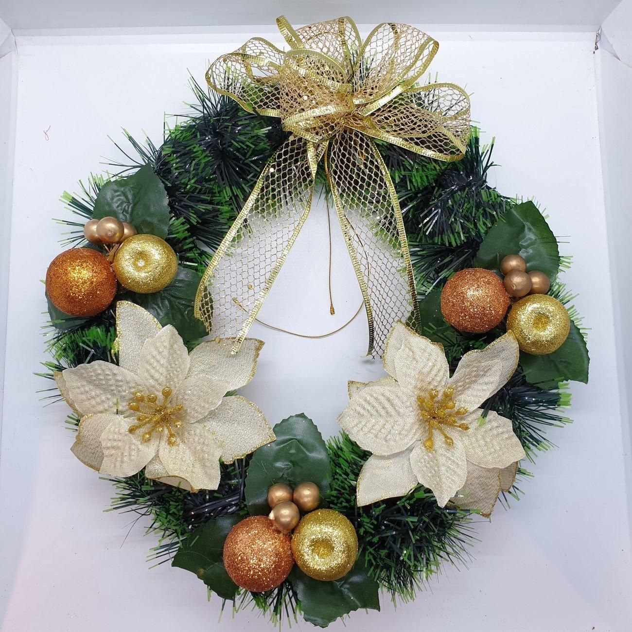 Lingkar Natal 35 Cm Rumput Hijau Pita Emas Bunga Gantung Pohon Natal Pintu - Main view